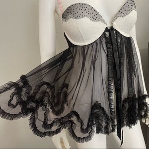 34D Vs Victoria’s Secret 2013 Vintage Ruffled Chemise Lingerie slip -Black white